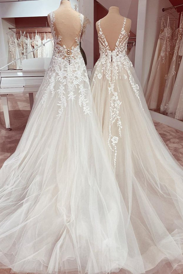 Charming Deep V-neck A-Line Lace Floor-length Wedding Dress with Tulle Appliques-Wedding Dresses-BallBride