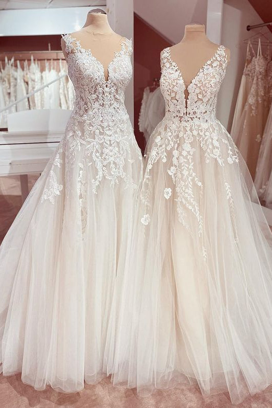 Charming Deep V-neck A-Line Lace Floor-length Wedding Dress with Tulle Appliques-Wedding Dresses-BallBride