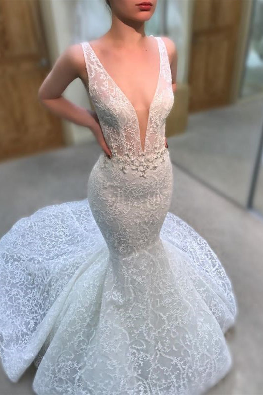 Charming Deep V-Neck Long Mermaid Wedding Dress with Lace Appliques-Wedding Dresses-BallBride