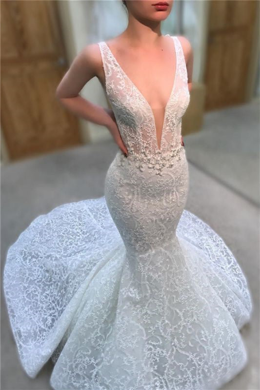 Charming Deep V-Neck Long Mermaid Wedding Dress with Lace Appliques-Wedding Dresses-BallBride