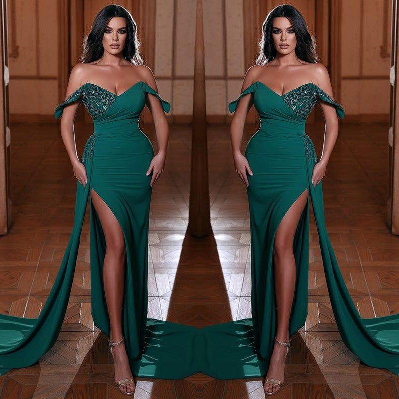 Charming Emerald Green Mermaid Prom Dress Off-the-Shoulder Split with Beads-Occasion Dress-BallBride