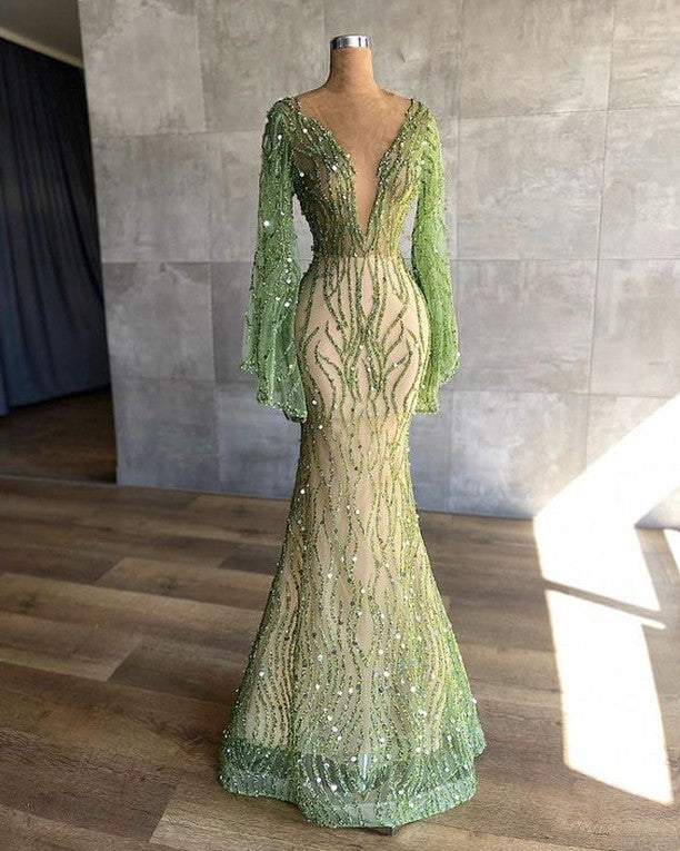 Charming Green Mermaid Beaded Prom Dress with Long Sleeves and Sequins-BallBride