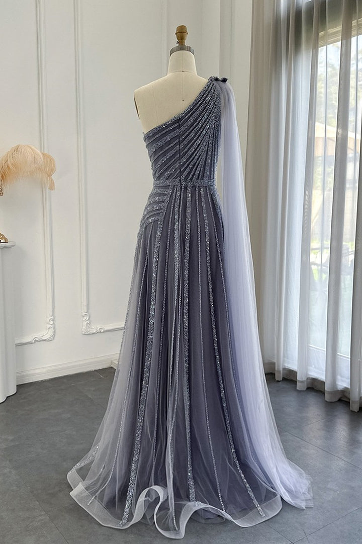 Charming Grey One Shoulder Prom Dress with Beadings and Tulle Skirt-Occasion Dress-BallBride