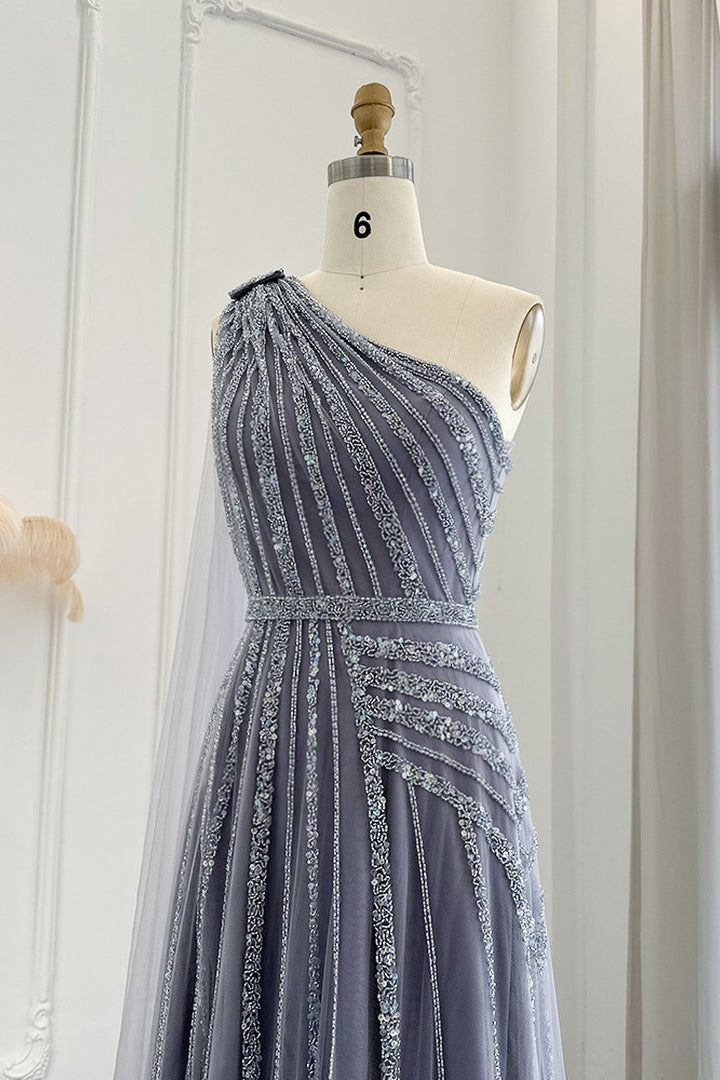 Charming Grey One Shoulder Prom Dress with Beadings and Tulle Skirt-Occasion Dress-BallBride