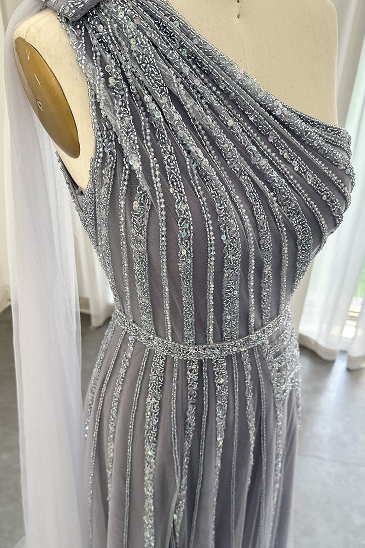 Charming Grey One Shoulder Prom Dress with Beadings and Tulle Skirt-Occasion Dress-BallBride