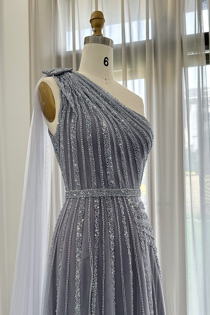 Charming Grey One Shoulder Prom Dress with Beadings and Tulle Skirt-Occasion Dress-BallBride