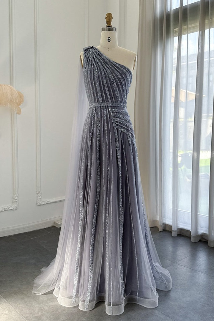 Charming Grey One Shoulder Prom Dress with Beadings and Tulle Skirt-Occasion Dress-BallBride