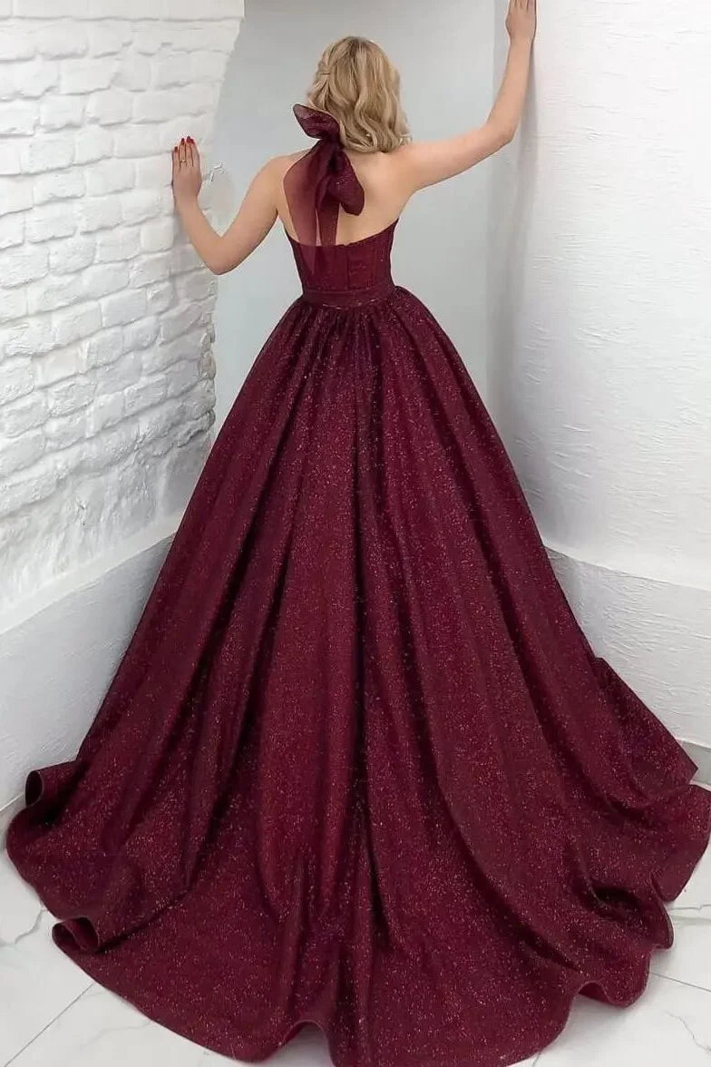 Charming Halter Burgundy Shiny Princess Evening Dress Sleeveless Backless-BallBride