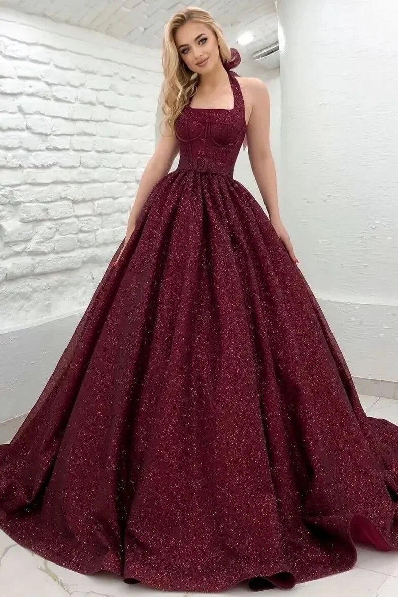 Charming Halter Burgundy Shiny Princess Evening Dress Sleeveless Backless-BallBride