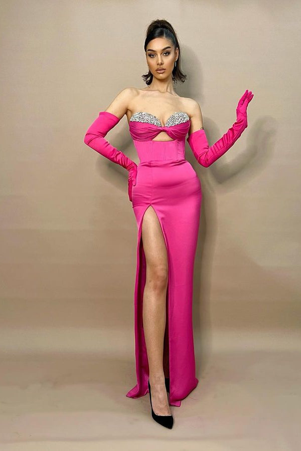 Charming Hot Pink Sweetheart Mermaid Prom Dress with Long Split and Beads-Occasion Dress-BallBride