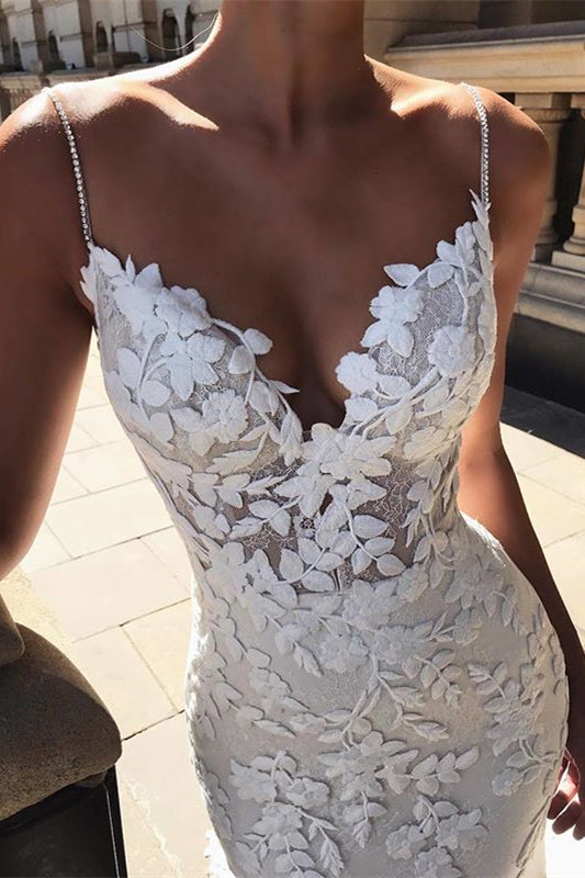 Charming Lace Appliques Mermaid Wedding Dress with Spaghetti-Straps Open Back-Wedding Dresses-BallBride