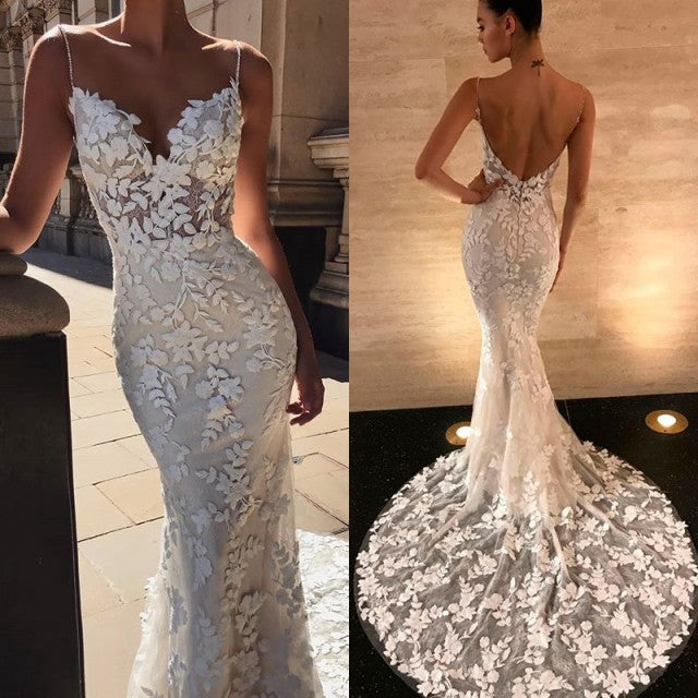 Charming Lace Appliques Mermaid Wedding Dress with Spaghetti-Straps Open Back-Wedding Dresses-BallBride