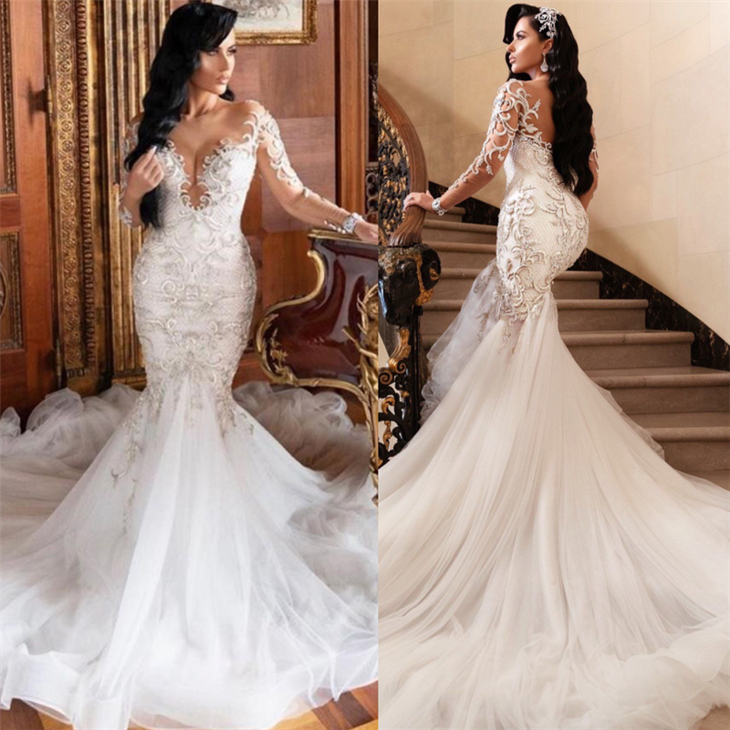 Charming Long Sleeves Mermaid Lace Appliques Wedding Dress On Sale-Wedding Dresses-BallBride