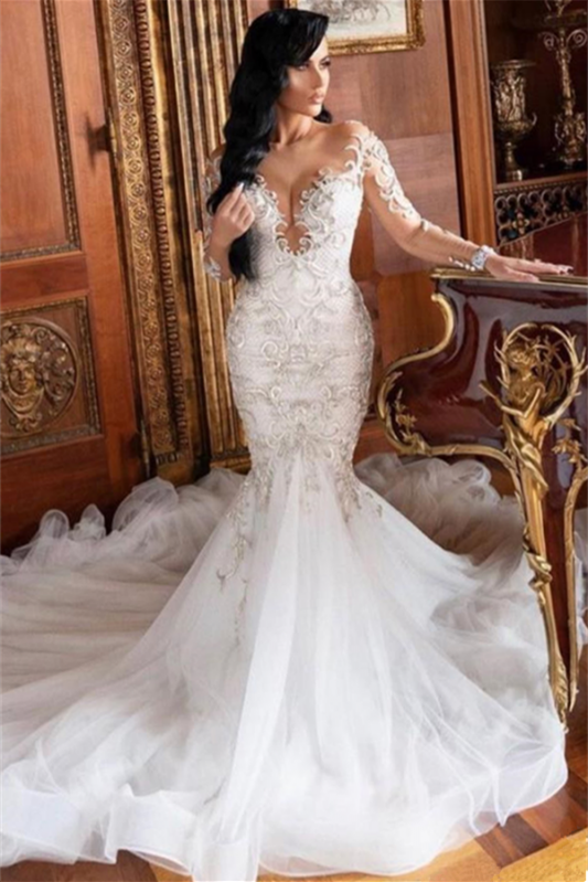 Charming Long Sleeves Mermaid Lace Appliques Wedding Dress On Sale-Wedding Dresses-BallBride