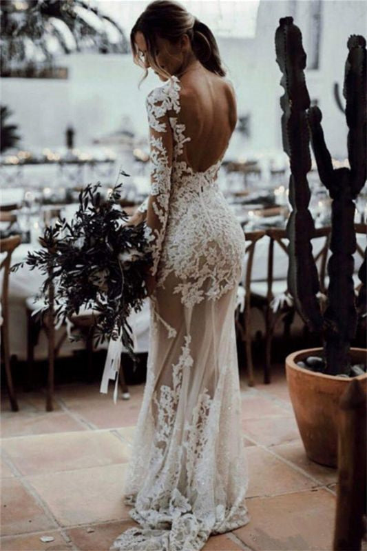 Charming Long Sleeves Mermaid Tulle Wedding Dress With Lace Appliques Open Back-Wedding Dresses-BallBride