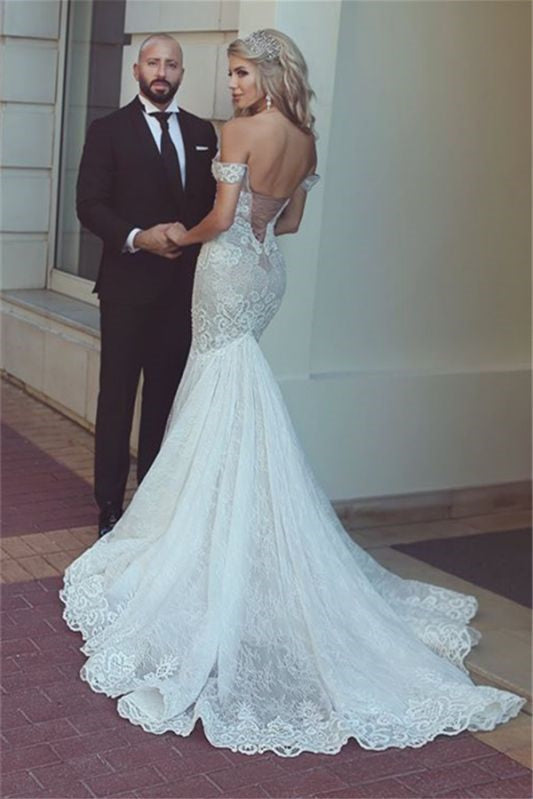 Charming Off-the-Shoulder Mermaid Lace Wedding Dress with Lace-up Back-Wedding Dresses-BallBride