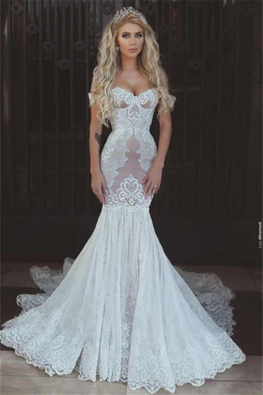 Charming Off-the-Shoulder Mermaid Lace Wedding Dress with Lace-up Back-Wedding Dresses-BallBride