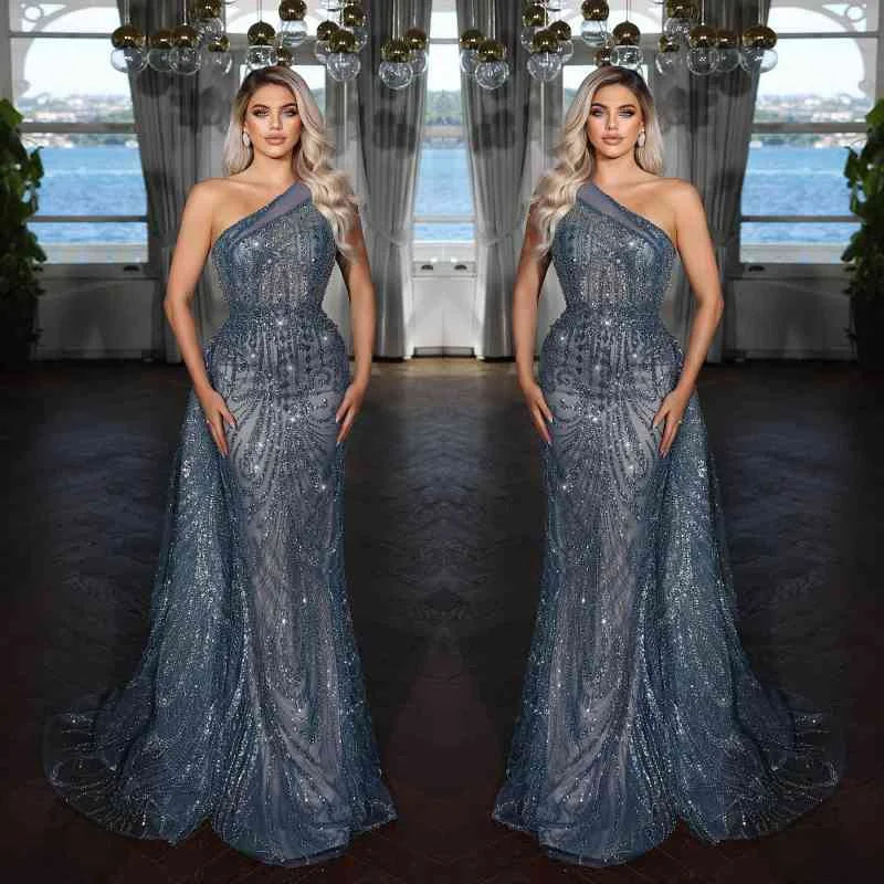 Charming One Shoulder Navy Mermaid Evening Dress Long Ruffles With Crystal Beads-BallBride