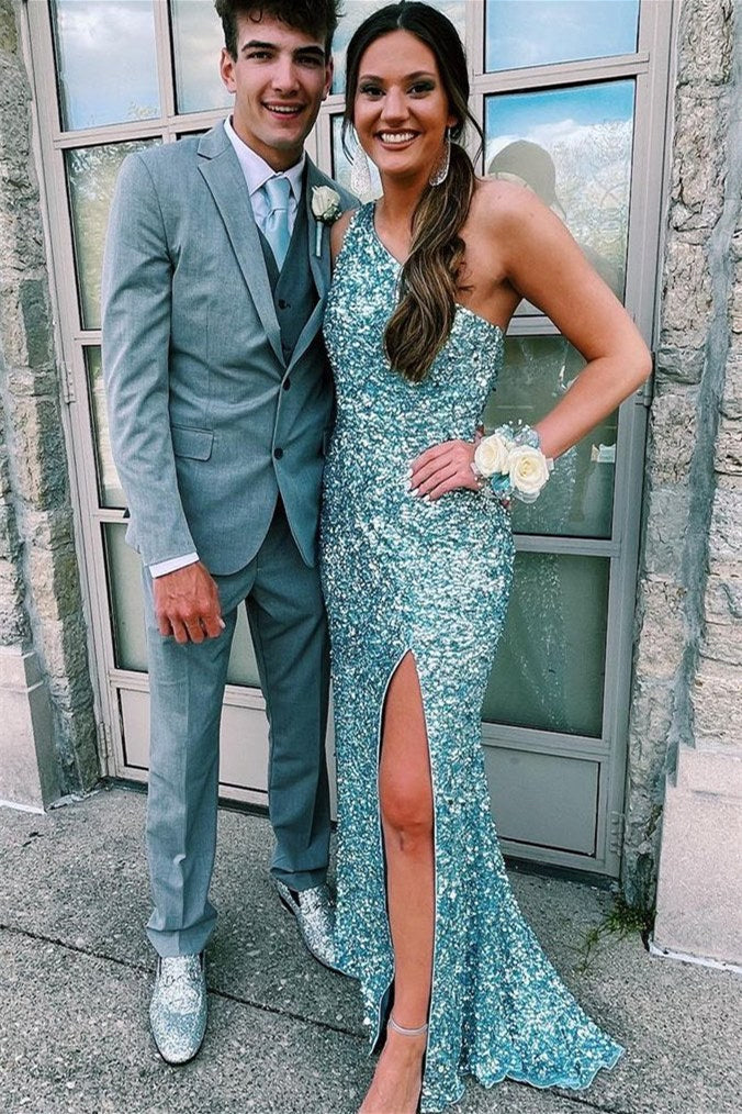 Charming One Shoulder Sleeveless Mermaid Prom Dress With Split & Sequins-Occasion Dress-BallBride