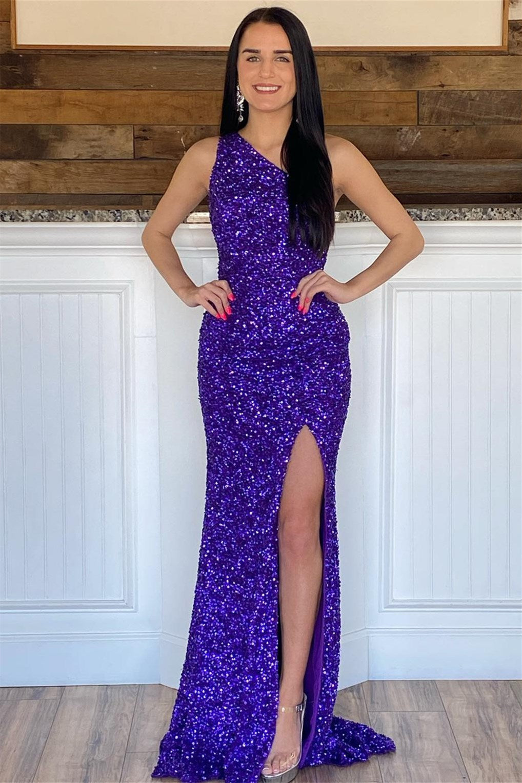 Charming One Shoulder Sleeveless Mermaid Prom Dress With Split & Sequins-Occasion Dress-BallBride