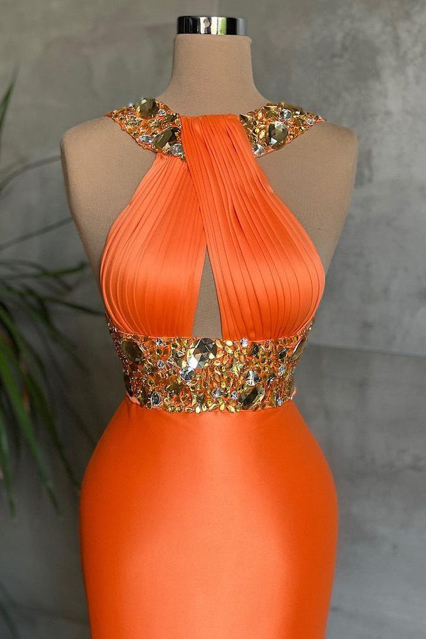 Charming Orange Halter Sleeveless Prom Dress Mermaid With Crystals-Occasion Dress-BallBride