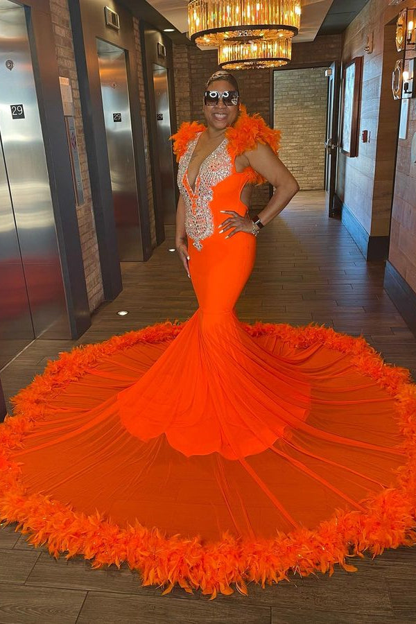Charming Orange Prom Dress with Beads, Appliques, and Feathers-BallBride
