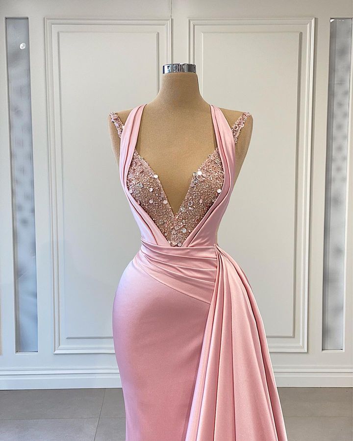 Charming Pink Halter Mermaid Prom Dress - Sleeveless V-Neck Ruffles & Sequins-Occasion Dress-BallBride