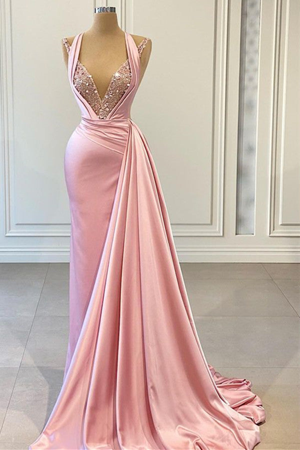 Charming Pink Halter Mermaid Prom Dress - Sleeveless V-Neck Ruffles & Sequins-Occasion Dress-BallBride
