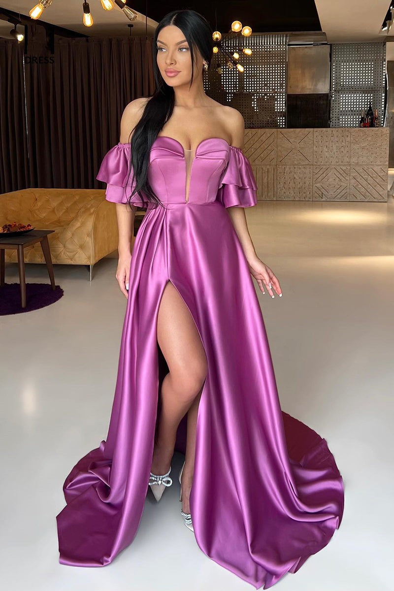 Charming Purple Off-the-Shoulder Long Prom Dress Split Sweetheart On Sale-Occasion Dress-BallBride