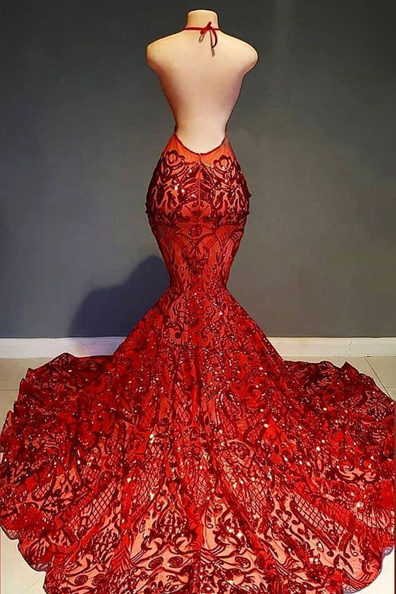 Charming Red Deep V-Neck Sleeveless Prom Dress Mermaid Sequins Long-Occasion Dress-BallBride