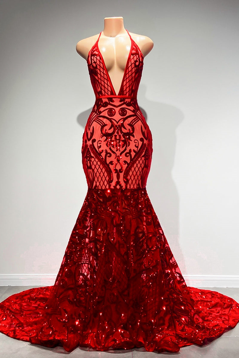 Charming Red Deep V-Neck Sleeveless Prom Dress Mermaid Sequins Long-Occasion Dress-BallBride