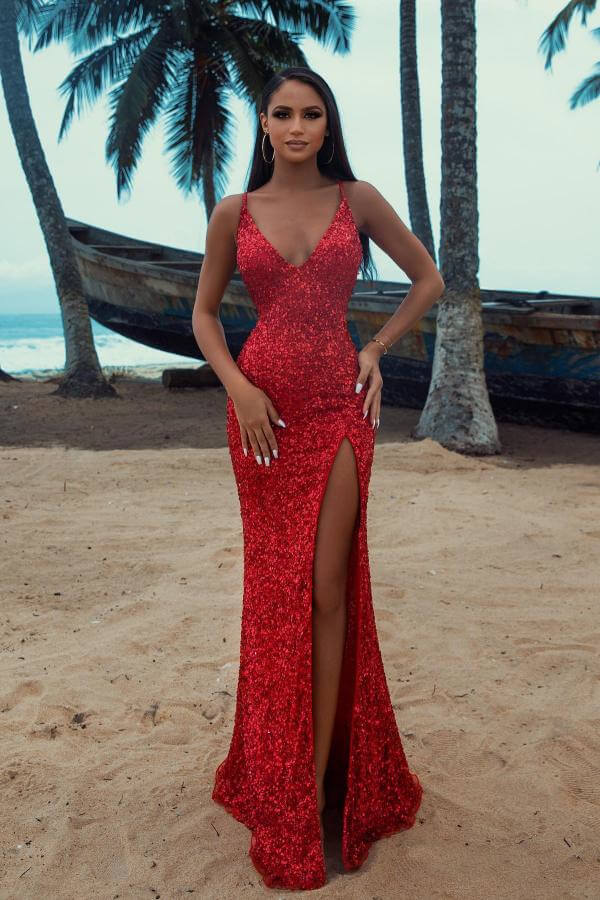 Charming Red Sequins Prom Dress - Spaghetti-Straps V-Neck Mermaid With Split-Occasion Dress-BallBride