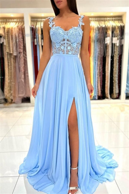 Charming Sky Blue Sleeveless Prom Dress with Lace Appliques and Slit-Occasion Dress-BallBride