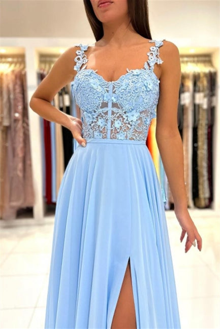 Charming Sky Blue Sleeveless Prom Dress with Lace Appliques and Slit-Occasion Dress-BallBride
