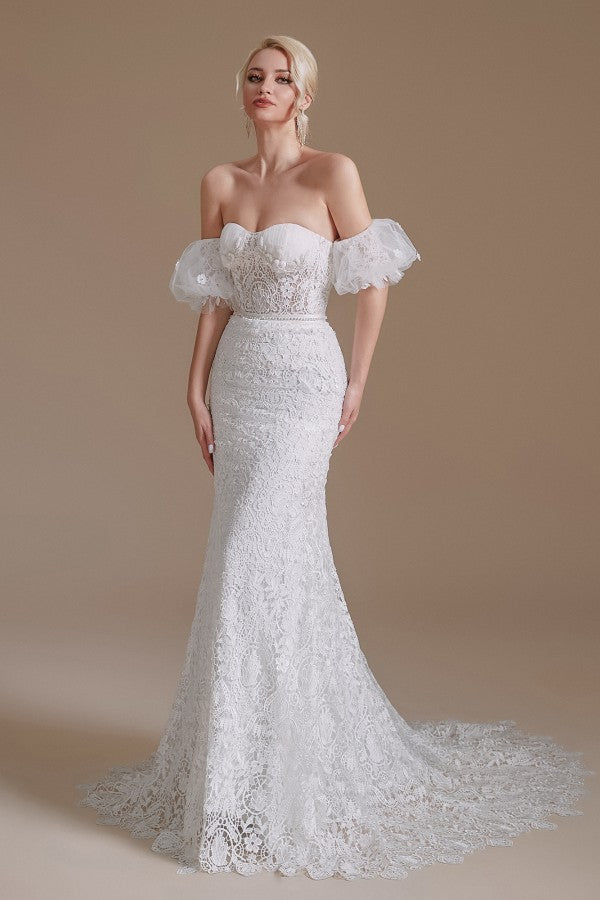 Charming Sweetheart Lace Long Mermaid Wedding Dress With Detachable Sleeves-Wedding Dresses-BallBride