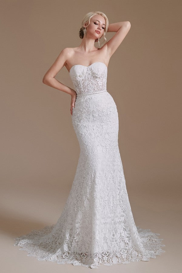 Charming Sweetheart Lace Long Mermaid Wedding Dress With Detachable Sleeves-Wedding Dresses-BallBride