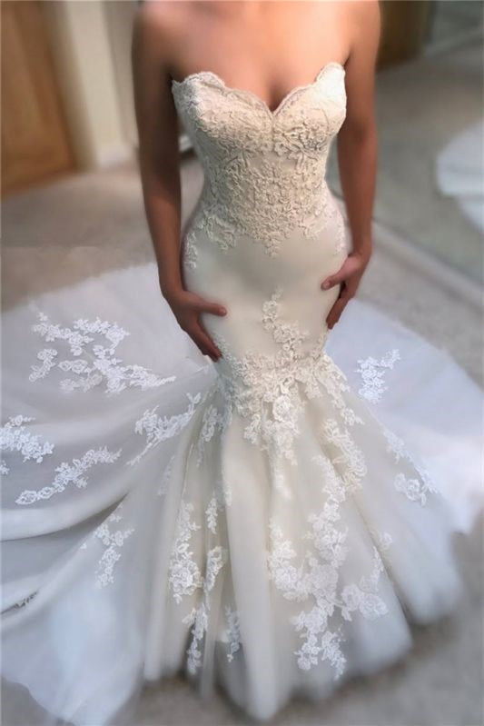 Charming Sweetheart Long Mermaid Lace Appliques Wedding Dress-Wedding Dresses-BallBride