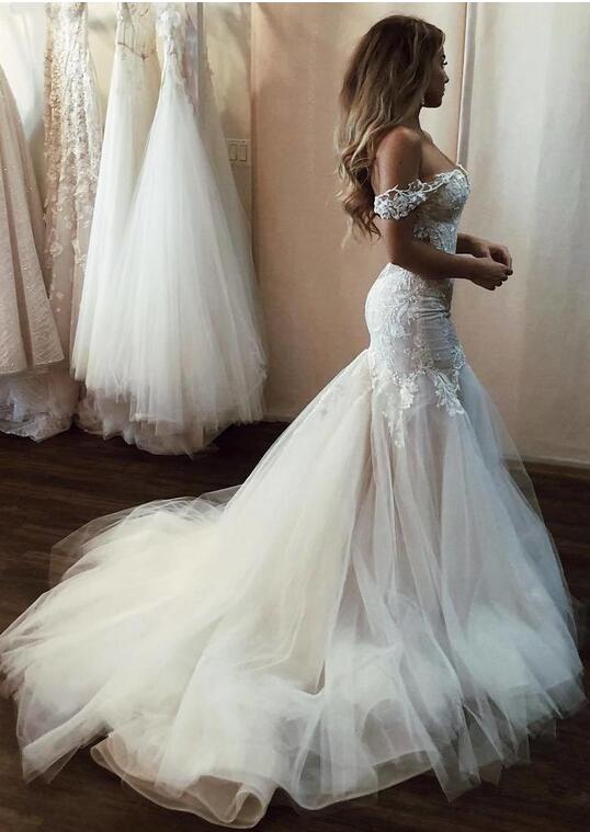 Charming Sweetheart Off-the-Shoulder Mermaid Wedding Dress With Tulle-Wedding Dresses-BallBride