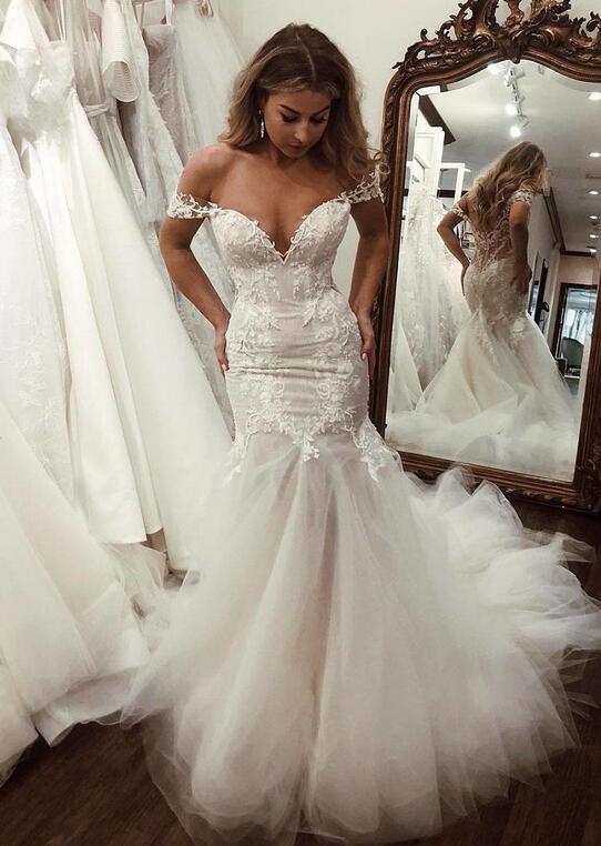 Charming Sweetheart Off-the-Shoulder Mermaid Wedding Dress With Tulle-Wedding Dresses-BallBride