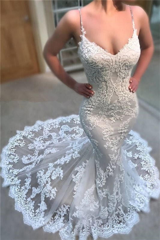 Charming V-Neck Long Mermaid Wedding Dress With Lace Appliques-Wedding Dresses-BallBride