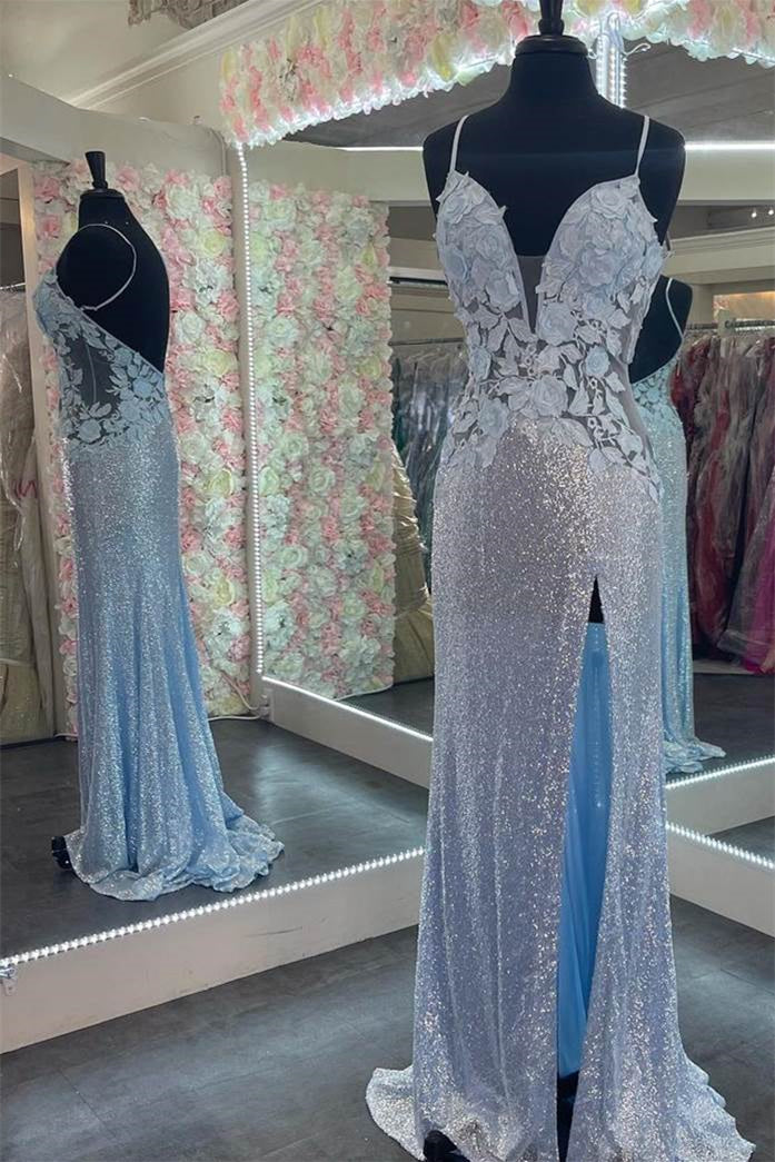 Charming V Neck Mermaid Prom Dress with Appliques Split-Prom Dresses-BallBride