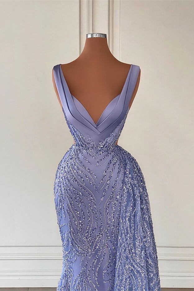 Charming Violet V Neck Mermaid Prom Dress With Beadings & Sequins-BallBride
