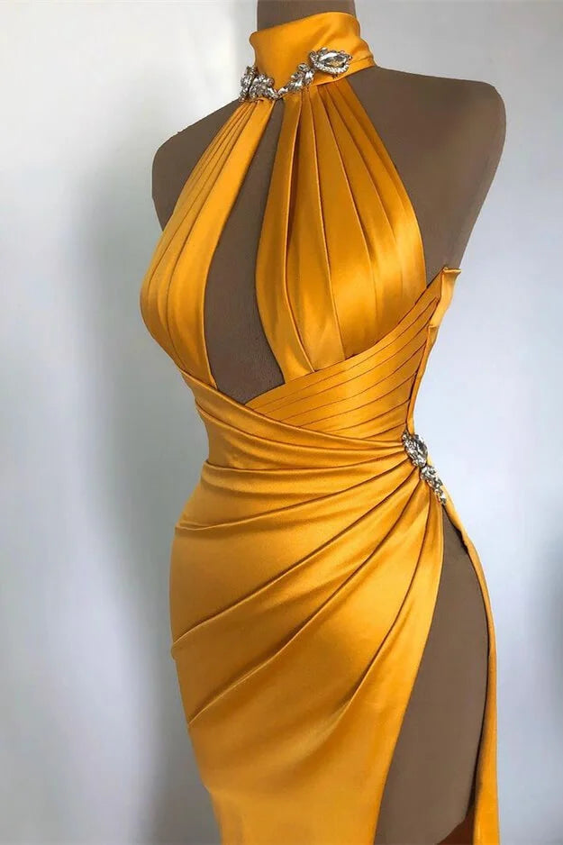 Charming Yellow High Neck Sleeveless Evening Dress Mermaid Side Slit Online-BallBride