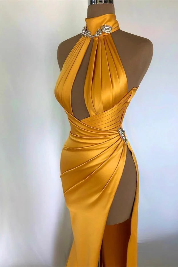 Charming Yellow High Neck Sleeveless Evening Dress Mermaid Side Slit Online-BallBride