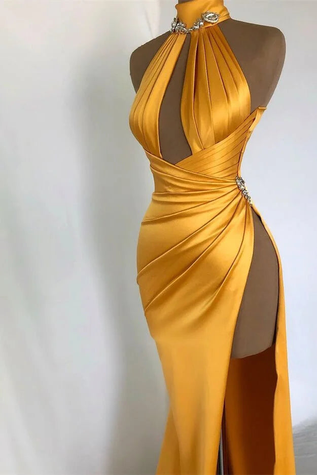 Charming Yellow High Neck Sleeveless Evening Dress Mermaid Side Slit Online-BallBride