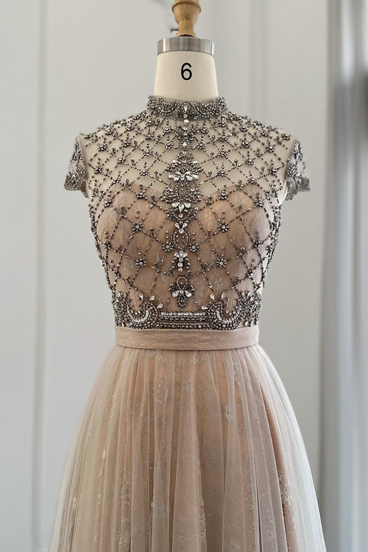 Chic A-Line Prom Dress with Champagne Jewel Neck and Tulle Diamond-Studded Detail-BallBride