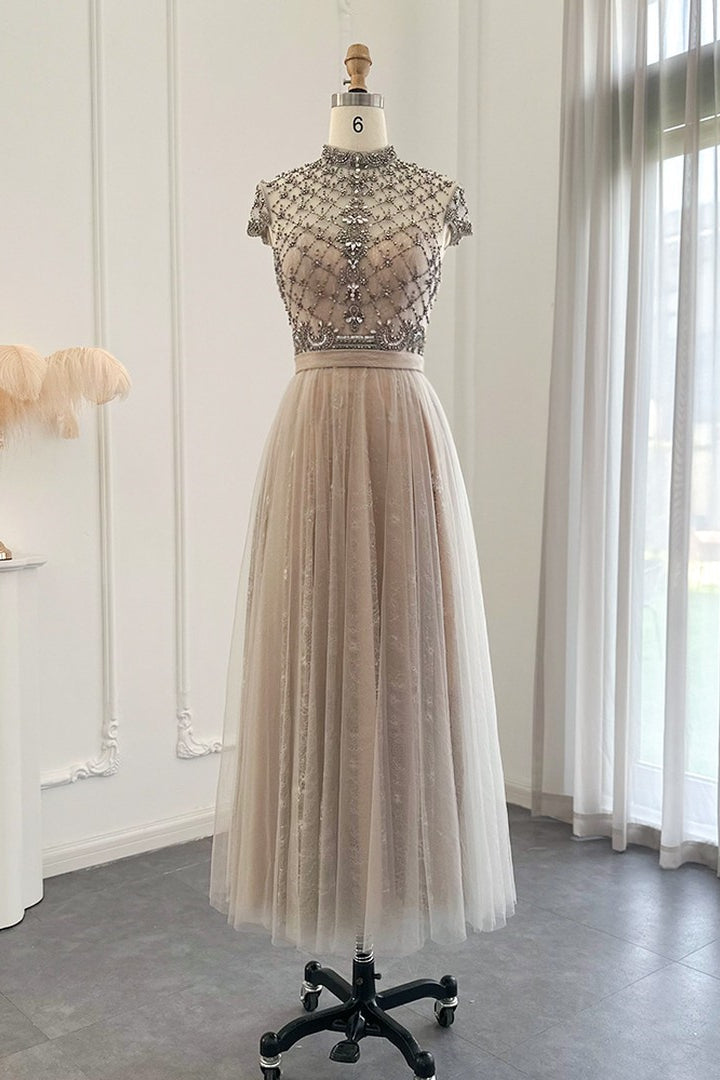 Chic A-Line Prom Dress with Champagne Jewel Neck and Tulle Diamond-Studded Detail-BallBride
