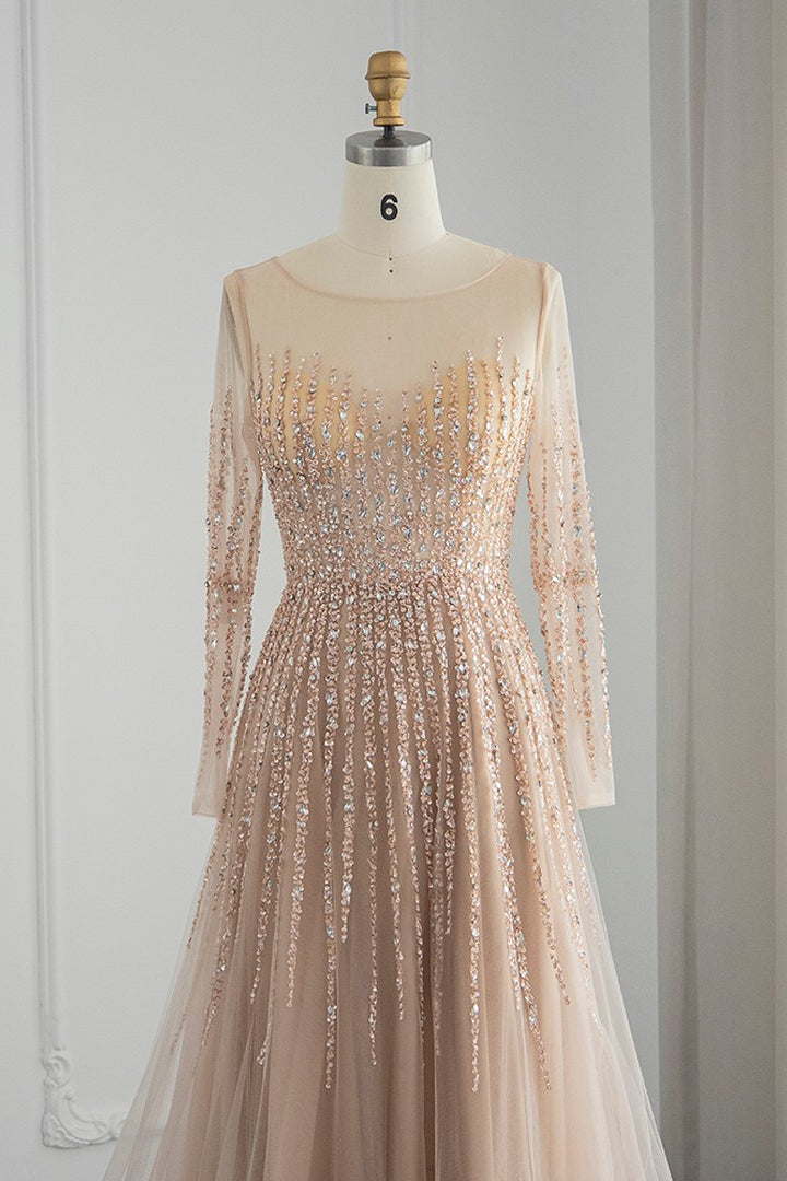 Chic A Line Prom Dress with Tulle and Appliques - Champagne Jewel Neck Long Sleeves-BallBride