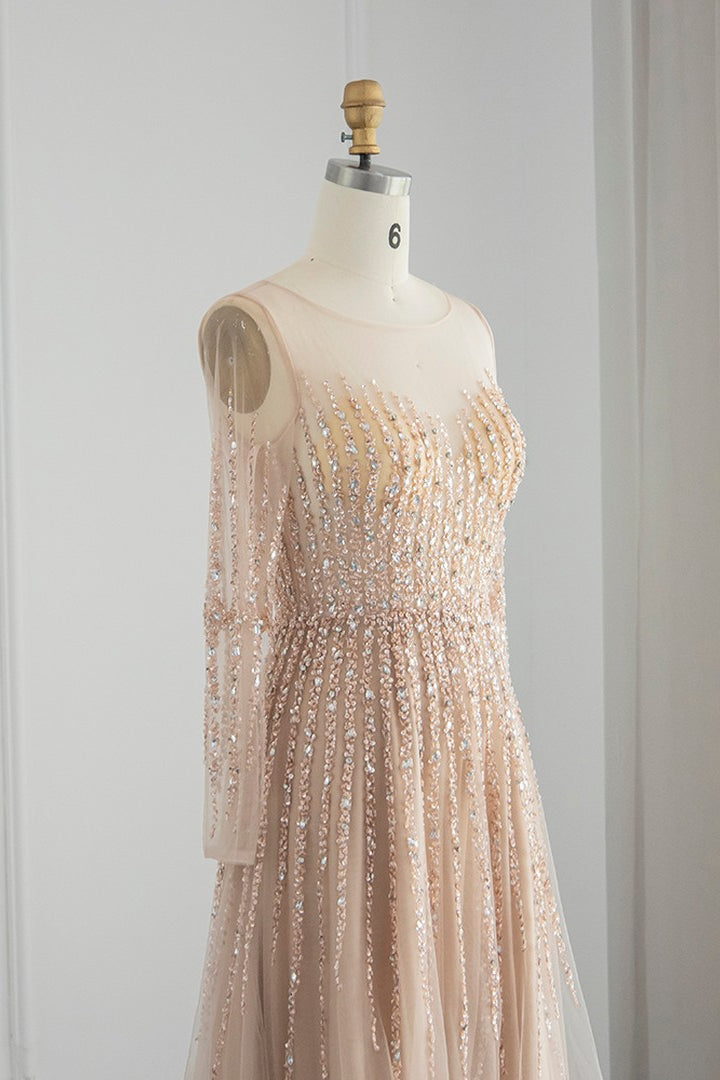 Chic A Line Prom Dress with Tulle and Appliques - Champagne Jewel Neck Long Sleeves-BallBride