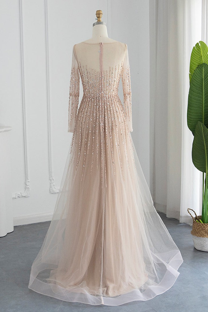 Chic A Line Prom Dress with Tulle and Appliques - Champagne Jewel Neck Long Sleeves-BallBride